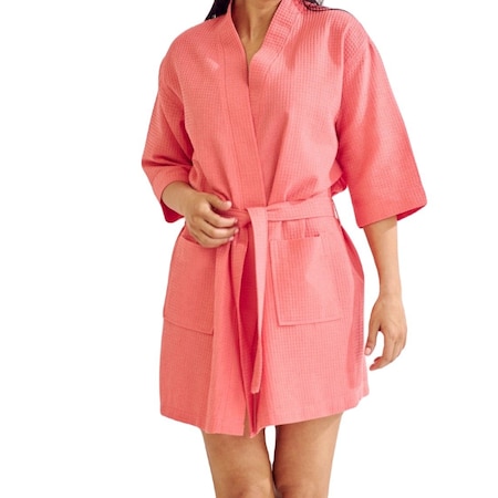 Women's Short Waffle Kimono Peach Pink Bathrobe One Size